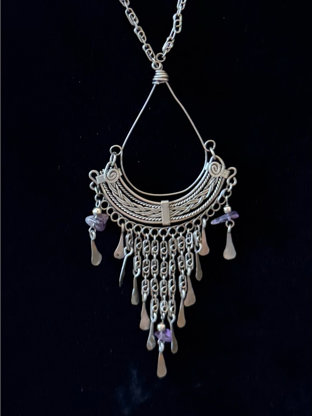 Bohemian Silver-Tone Fringe Necklace with Purple Bead Accents